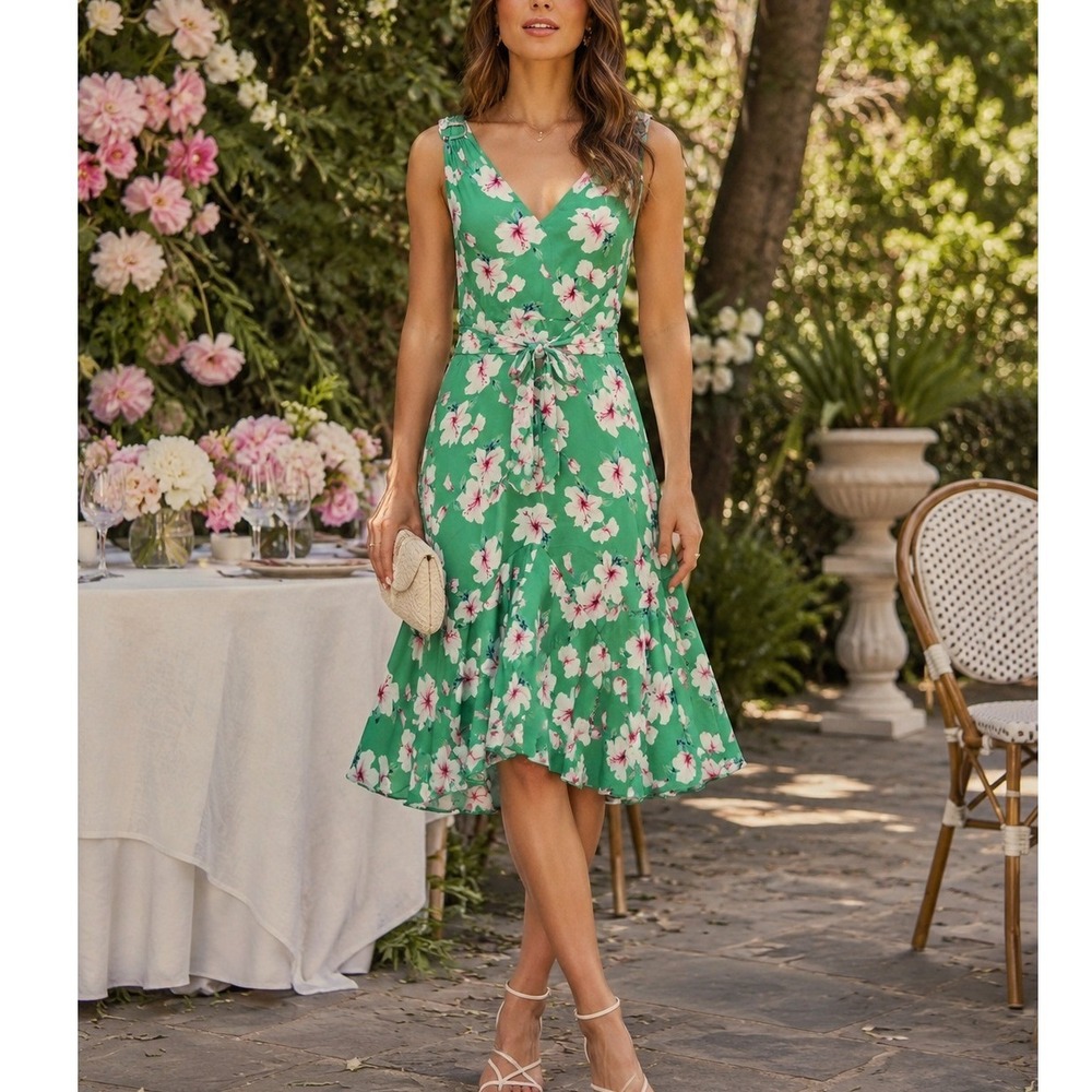 White House Black Market Green Floral‎ Midi Dress Size Petite 6 Tropical Belted